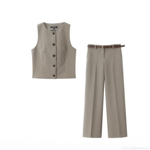 Women Casual Plaid 2-Piece Set Sleeveless Button Down Vest And Wide Leg Pants With Belt Fashion Streetwear Outfits For Daily Office