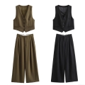 Women's Business Casual Polyester Suit Vest Waistcoat and High Waist Wide Leg Trousers Pants Two-Piece Component Set Office Street Style Elegant Outfit