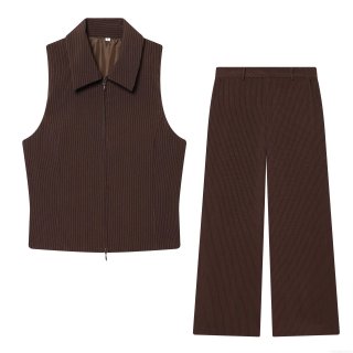 Women's 2 Piece Pinstripe Pants Set Polyester Blend Zipper Sleeveless Vest Waistcoat And Wide Leg Trousers Office Casual Outfit