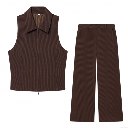 Women's 2 Piece Pinstripe Pants Set Polyester Blend Zipper Sleeveless Vest Waistcoat And Wide Leg Trousers Office Casual Outfit