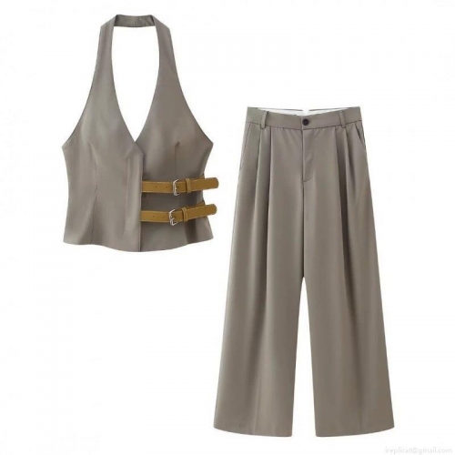 Women's Taupe Halter Neck Backless Vest And High Waist Wide Leg Trousers Two-Piece Set With Leather Buckle Detail Woven Polyester Elegant Casual Streetwear Outfit
