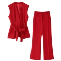Women's Two Piece Set Elegant V Neck Sleeveless Blazer Vest Waistcoat With Bow Tie Belt And High Waisted Wide Leg Pants Fashion Solid Color Polyester Outfits