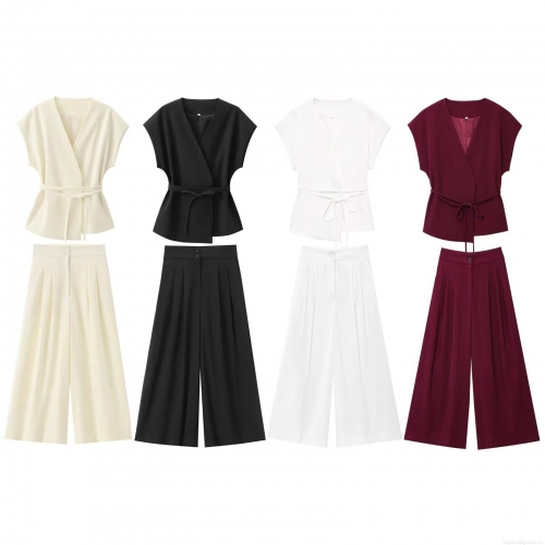 Women's 2 Piece Outfits Sleeveless V Neck Tie Waist Vest Top and High Waisted Wide Leg Pants Set Solid Color Fashion Casual Commuter Streetwear Suit