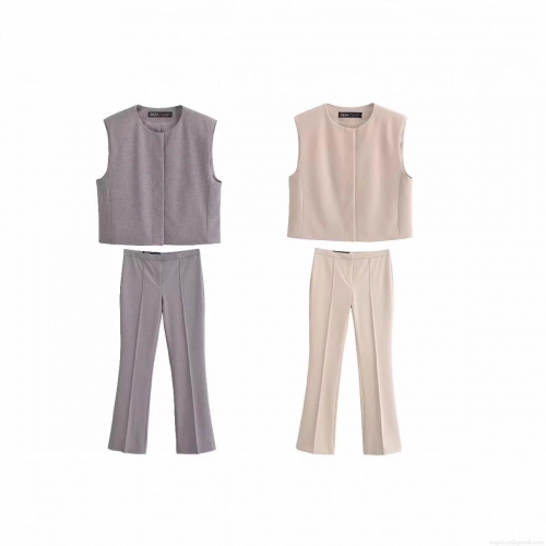 Women's 2 Piece Minimalist Suit Set Sleeveless Round Neck Vest and High Waist Flare Pants Woven Polyester Blend Office Commute Streetwear Casual Outfit For Lady