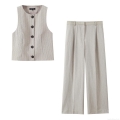 Women European American Style Two Piece Set Herringbone Stripe Sleeveless Vest Waistcoat And High Waist Wide Leg Trousers Casual Suits For Women Office Commute