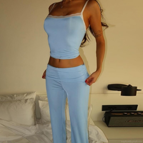 Women's 2 Piece Set Sexy Lace Trim Cami Crop Top and High Waist Ruched Flared Pants Slim Fit Ribbed Lounge Yoga Outfit Polyester Spandex