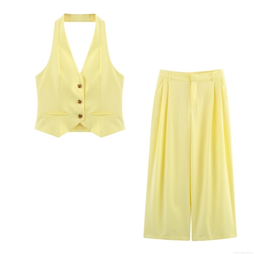 Women's Halter Neck Sleeveless Vest Top And High Waist Wide Leg Pants Two Piece Set Solid Color Polyester Suit For Summer Office Vacation Daily
