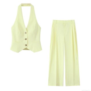 Women's Elegant Halter V-Neck Button Vest Top And High Waist Wide Leg Long Pants Two Piece Set Light Yellow Solid Sleeveless Streetwear Suits For Daily Office Summer