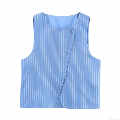 Women's Blue Striped Sleeveless Vest and Wide Leg Pants Set Cotton Blend Casual Loungewear Two Piece Outfit Streetwear Summer Suit