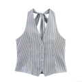 Women's Striped Halter Neck Button Up Vest Top and Matching Wide Leg Pants Two Piece Set Sexy Sleeveless Backless Streetwear Casual Summer Outfits for Women