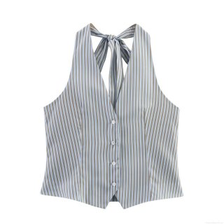 Women's Striped Halter Neck Button Up Vest Top and Matching Wide Leg Pants Two Piece Set Sexy Sleeveless Backless Streetwear Casual Summer Outfits for Women