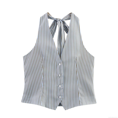 Women's Striped Halter Neck Button Up Vest Top and Matching Wide Leg Pants Two Piece Set Sexy Sleeveless Backless Streetwear Casual Summer Outfits for Women