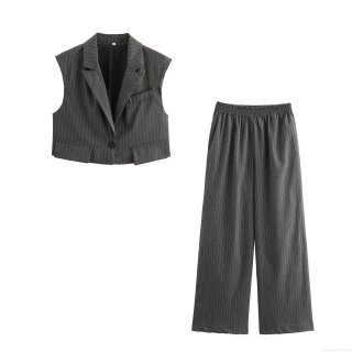 Women's Elegant Grey Pinstripe Vest and Wide Leg Pants Set 100% Polyester Woven Sleeveless Single Breasted Top High Waist Trousers Two Piece Business Casual Outfit for Office Commute