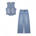 Women Washed Light Blue Denim Two Piece Sets Retro Short Vest With High Waist Pleated Wide Leg Pants Casual Sleeveless Top Trousers Outfits For Streetwear Club Party