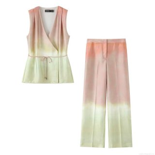Women's Gradient Ombre Satin Two Piece Set Sleeveless V-Neck Tie Waist Vest and Wide Leg Pants Casual Summer Streetwear Outfit