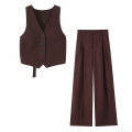 Women Casual 2 Piece Suit Set Sleeveless Backless Vest Waistcoat And High Waist Wide Leg Pleated Trousers Coffee Brown Streetwear Party Clubwear Outfits