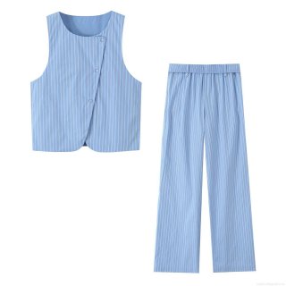 Women's Striped Sleeveless Vest Top And Straight Leg Pants Casual Two Piece Set Elegant V-Neck Side Button Summer Outfit Light Blue White Stripes