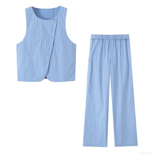 Women's Striped Sleeveless Vest Top And Straight Leg Pants Casual Two Piece Set Elegant V-Neck Side Button Summer Outfit Light Blue White Stripes