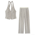 Women's Two-Piece Set Polyester Vertical Striped Halter Neck Button Vest And High Waist Wide Leg Pants Casual Summer Beach Wear Outfit