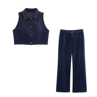 Women's Retro Dark Blue Denim Look Two Piece Set Fashion Lapel Sleeveless Vest And Belted Wide Leg Pants Casual Polyester Woven Waistcoat And Trousers Outfit For Streetwear