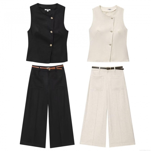 Women Cotton Linen Two Piece Set Sleeveless Single Breasted Vest Top and High Waist Wide Leg Pants With Belt Casual Solid Color Office Streetwear Outfits