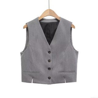 Women French V-Neck Sleeveless Waistcoat And Slit Hem Long Pants Two Piece Set Solid Grey Polyester Blend Business Casual Suit Office Lady Outfit