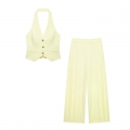 Women's Elegant Two Piece Set Halter Neck V Neck Vest Top And Wide Leg Long Pants Solid Color Polyester Blend Fashion Casual Suit For Streetwear Office Women