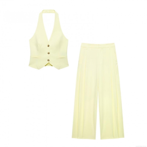 Women's Elegant Two Piece Set Halter Neck V Neck Vest Top And Wide Leg Long Pants Solid Color Polyester Blend Fashion Casual Suit For Streetwear Office Women