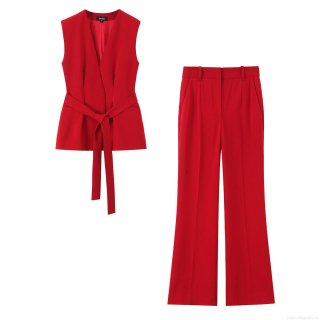 Women's 2 Piece Set Red Sleeveless Belted Waistcoat Vest and High Waist Wide Leg Pants Elegant Sexy Streetwear Chic Outfits for Party Casual