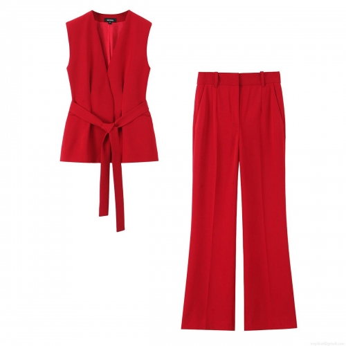 Women's 2 Piece Set Red Sleeveless Belted Waistcoat Vest and High Waist Wide Leg Pants Elegant Sexy Streetwear Chic Outfits for Party Casual