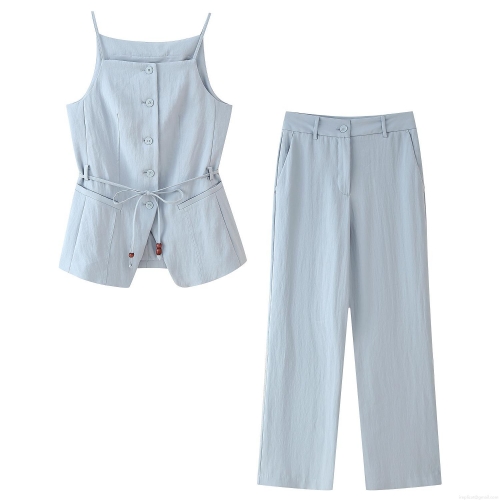 Women's Casual Two-Piece Set Light Blue Camisole Vest With Beaded Waist Belt And High Waist Straight Leg Pants Sleeveless Summer Streetwear Outfit