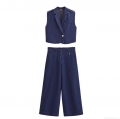 Women's Denim 2 Piece Set Dark Blue Lapel Short Vest And High Waist Wide Leg Pants Casual Outfits For Women Fashion Streetwear Suit