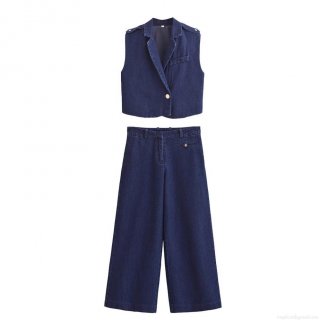Women's Denim 2 Piece Set Dark Blue Lapel Short Vest And High Waist Wide Leg Pants Casual Outfits For Women Fashion Streetwear Suit