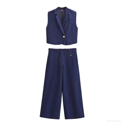 Women's Denim 2 Piece Set Dark Blue Lapel Short Vest And High Waist Wide Leg Pants Casual Outfits For Women Fashion Streetwear Suit