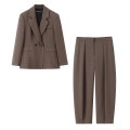 Women's Double Breasted Blazer and Tapered Pants Set Polyester Padded Shoulder Business Casual Suit Two Piece Set for Office Streetwear Coffee Brown