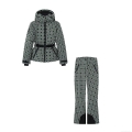 Women's Winter Geometric Plaid Ski Suit Set Polyester Windproof Hooded Padded Jacket And Matching Outdoor Sports Snow Pants With Belt