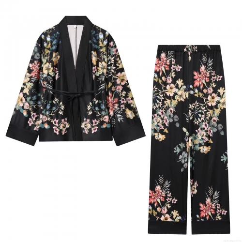 Women's Floral Print 2 Piece Set Satin Kimono Wrap Long Sleeve Top and High Waist Wide Leg Pants Casual Boho Streetwear Loungewear Suit