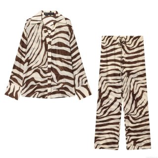 Women European Fashion Zebra Print Shirt And Pants Set Casual Long Sleeve Button Up Polyester Top And Drawstring Wide Leg Trousers Streetwear Outfits