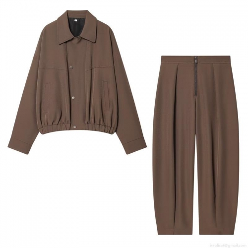 Women's Fashion Casual 2-Piece Set Solid Color Long Sleeve Lapel Jacket and High Waist Trousers Streetwear Woven Polyester Outfits Suit