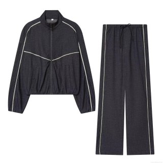 Women's Denim Casual 2 Piece Set Oversized Zipper Jacket And Wide Leg Drawstring Pants Dark Gray Contrast Stripe Streetwear Autumn Outfit