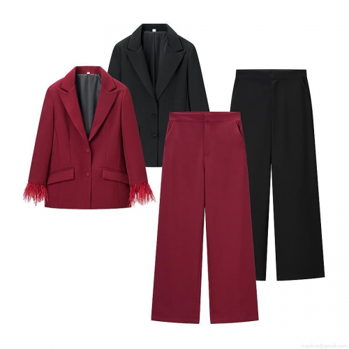 Women's Elegant Feather Trim Sleeve Blazer And High Waisted Wide Leg Pants Two Piece Set Solid Color Formal Suit For Office Party