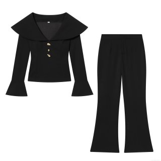Women's 2 Piece Set Polyester V Neck Flared Sleeve Top With Gold Buttons And High Waist Flare Pants Elegant Commuter Office Slim Fit Fashion Suit
