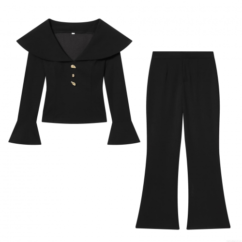 Women's 2 Piece Set Polyester V Neck Flared Sleeve Top With Gold Buttons And High Waist Flare Pants Elegant Commuter Office Slim Fit Fashion Suit