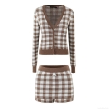 Women's Knit Polyester Two-Piece Set Brown White Gingham V-Neck Button Cardigan And Shorts With Bow Decoration Casual Loungewear Outfit
