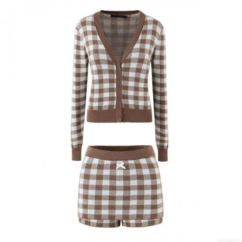 Women's Knit Polyester Two-Piece Set Brown White Gingham V-Neck Button Cardigan And Shorts With Bow Decoration Casual Loungewear Outfit
