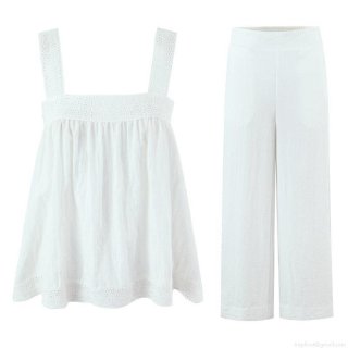 Women's 2 Piece Summer Outfits Sleeveless Eyelet Embroidery Lace Cami Top and Wide Leg Pants Set Cotton Blend Loose Casual Lounge Beachwear for Women