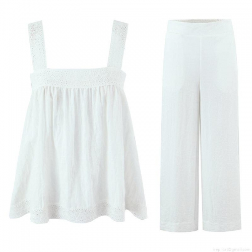 Women's 2 Piece Summer Outfits Sleeveless Eyelet Embroidery Lace Cami Top and Wide Leg Pants Set Cotton Blend Loose Casual Lounge Beachwear for Women