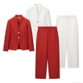 Women Elegant Polyester V-Neck Waist Tie Blazer And Pants Set Two Piece Professional Business Office Career Wear Solid Color Fashion Formal Outfits With Gold Buttons