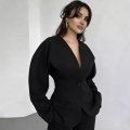 Women's Professional Blazer Pants Set Elegant V-Neck Long Sleeve Sculptural Puff Sleeve Slim Fit Polyester Two Piece Suit For Office Business Commuting Streetwear