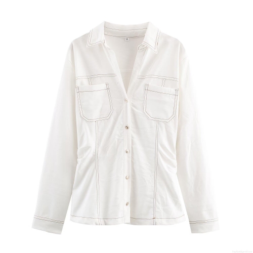 Women's Casual White Denim Long Sleeve Shirt And Flare Pants Set With Contrast Stitching Detail Two Piece Slim Fit Streetwear Outfits For Women